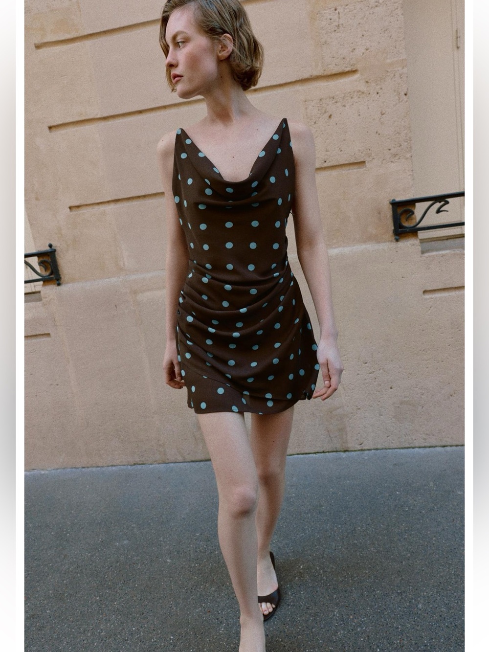 ZARA Polka Dot Cowl Neck Mini Dress in Brown with Blue Dots Size M NWT